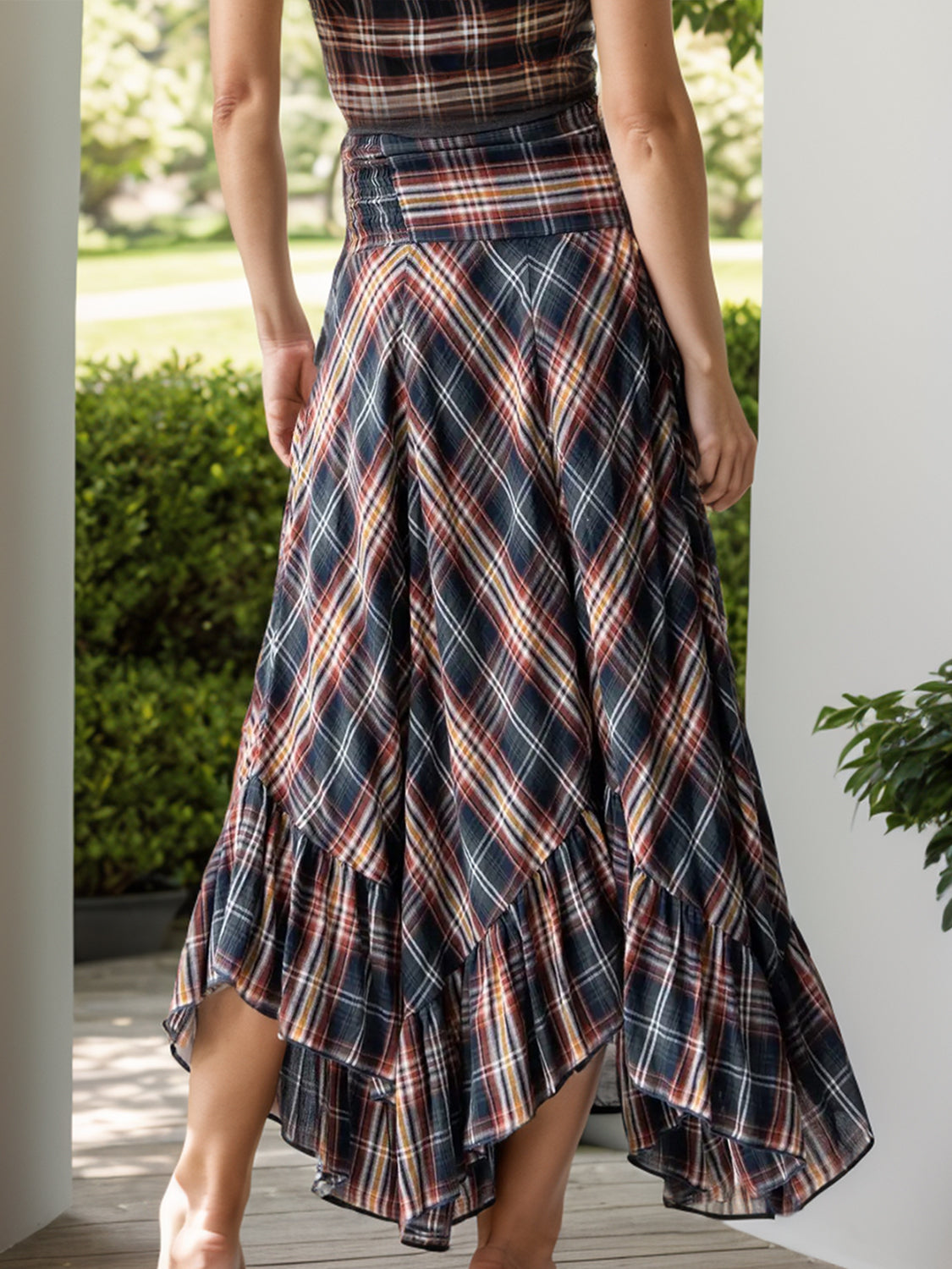 Plaid Asymmetrical Ruffle Hem Skirt